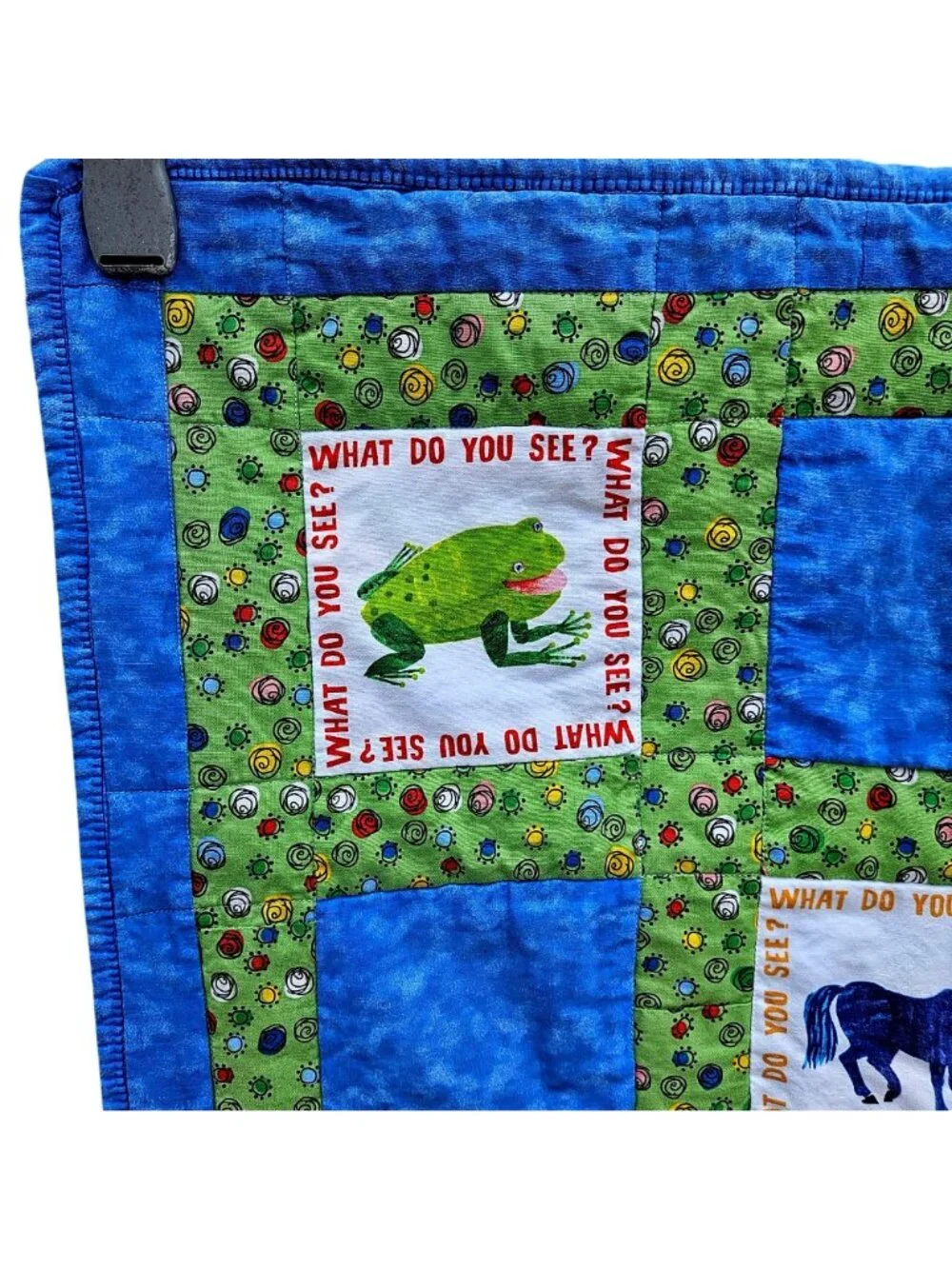 Vintage 90s Brown Bear What Do You See Baby Quilt Blue Green Cotton 39x32" Carle - Picture 10 of 12